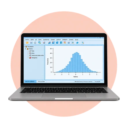 Una laptop con un histograma abierto en SPSS.