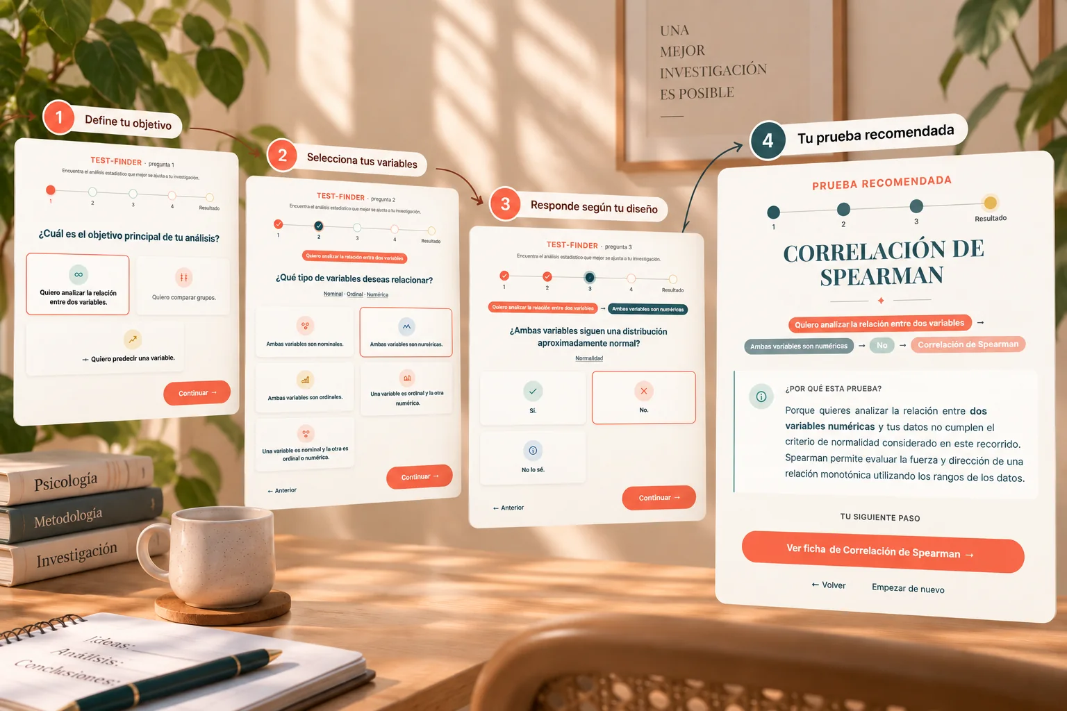 Las cuatro pantallas del Test-Finder en secuencia: define tu objetivo, selecciona tus variables, responde según tu diseño y tu prueba recomendada, que en este recorrido es Correlación de Spearman.