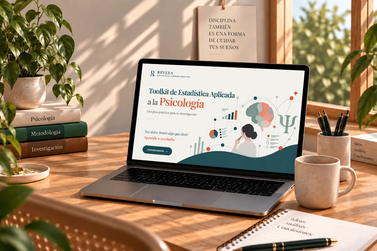 El Toolkit de Estadística Aplicada a la Psicología abierto en una laptop sobre un escritorio de madera, junto a libros de Psicología, Metodología e Investigación.
